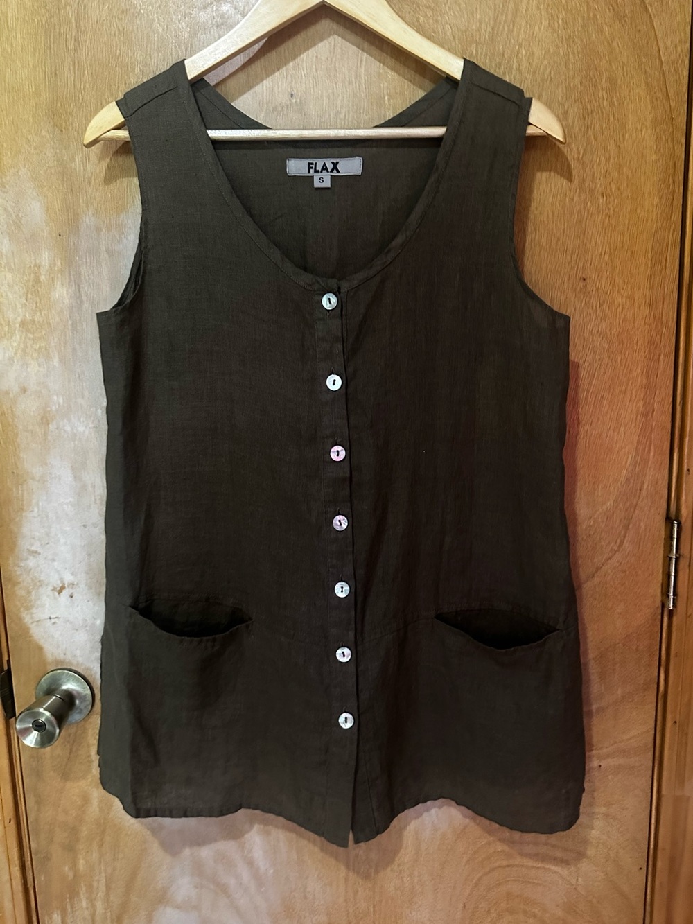 Flax Linen Sleeveless Button-Front Tunic Small Brown